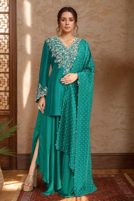 Mrunalini Rao Floral Veil Embroidered Kurta Palazzo Set 