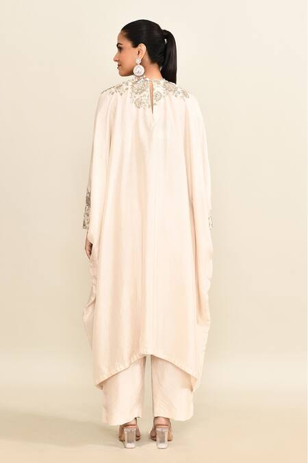 Shop_Mrunalini Rao_Ivory Georgette Pearls, Sequins, Zari Floral Veil Zardozi Kaftan And Pant Set_at_Aza_Fashions