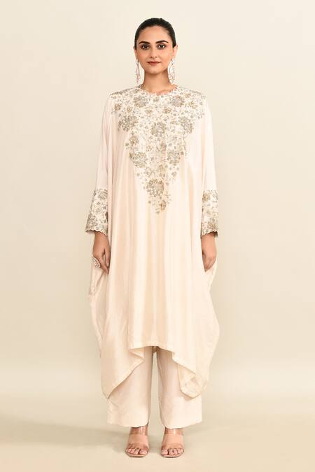 Buy_Mrunalini Rao_Ivory Georgette Pearls, Sequins, Zari Floral Veil Zardozi Kaftan And Pant Set_Online_at_Aza_Fashions