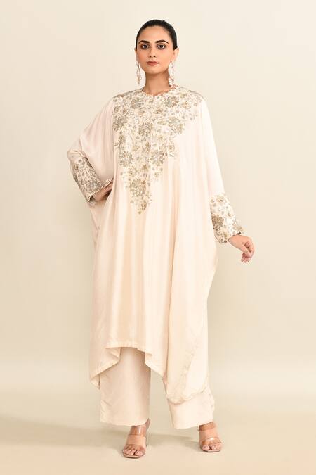 Shop_Mrunalini Rao_Ivory Georgette Pearls, Sequins, Zari Floral Veil Zardozi Kaftan And Pant Set_Online_at_Aza_Fashions