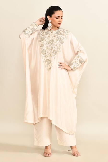 Mrunalini Rao Ivory Georgette Pearls, Sequins, Zari Floral Veil Zardozi Kaftan And Pant Set at Aza Fashions Mrunalini Rao_Ivory Georgette Pearls, Sequins, Zari Floral Veil Zardozi Kaftan And Pant Set_at_Aza_Fashions