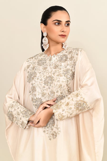 Buy_Mrunalini Rao_Ivory Georgette Pearls, Sequins, Zari Floral Veil Zardozi Kaftan And Pant Set