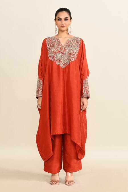 Buy_Mrunalini Rao_Orange Silk, Cotton Sequins Round Neck Floral Embroidered Kaftan And Pant Set_Online_at_Aza_Fashions