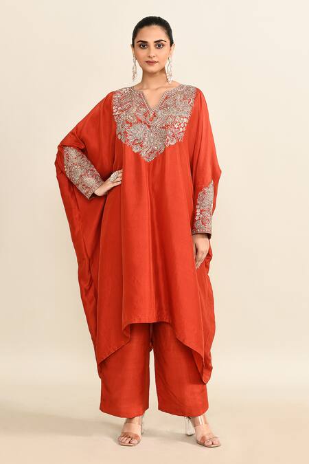 Shop_Mrunalini Rao_Orange Silk, Cotton Sequins Round Neck Floral Embroidered Kaftan And Pant Set_Online_at_Aza_Fashions