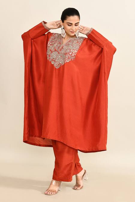 Mrunalini Rao_Orange Silk, Cotton Sequins Round Neck Floral Embroidered Kaftan And Pant Set_at_Aza_Fashions