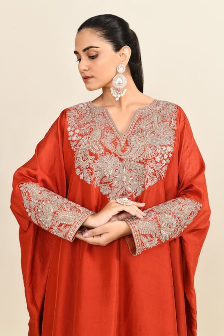 Buy_Mrunalini Rao_Orange Silk, Cotton Sequins Round Neck Floral Embroidered Kaftan And Pant Set