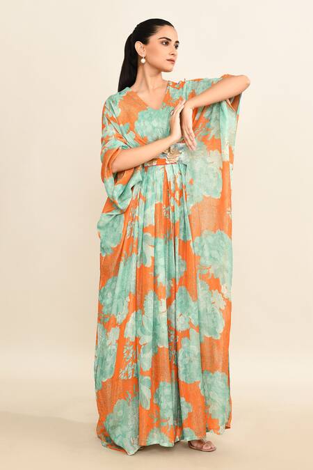 Shop_Archana Shah_Blue Cotton Sequins, Beads V-neck Floral Embroidered Kaftan Set_Online_at_Aza_Fashions