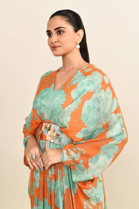 Archana Shah_Blue Cotton Sequins, Beads V-neck Floral Embroidered Kaftan Set_at_Aza_Fashions