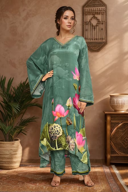 Kalista Floral Embroidered Kaftan & Pant Set 