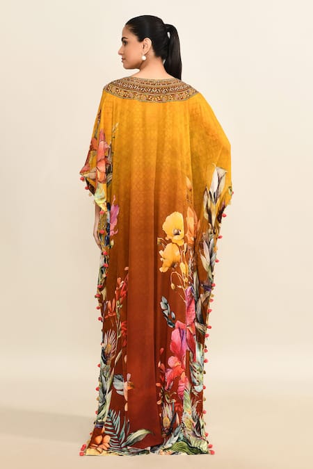 Kalista Yellow Viscose Embroidered Floral V Neck Print Ombre Kaftan  2