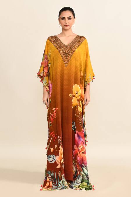 Kalista Yellow Viscose Embroidered Floral V Neck Print Ombre Kaftan  3