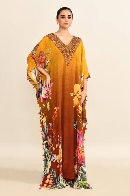 Kalista Yellow Viscose Embroidered Floral V Neck Print Ombre Kaftan  4