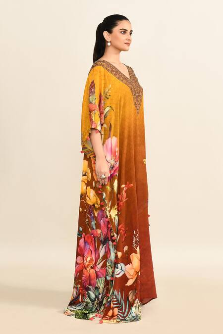 Kalista Yellow Viscose Embroidered Floral V Neck Print Ombre Kaftan  5