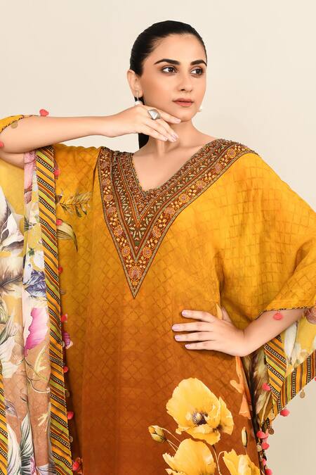 Kalista Yellow Viscose Embroidered Floral V Neck Print Ombre Kaftan  6