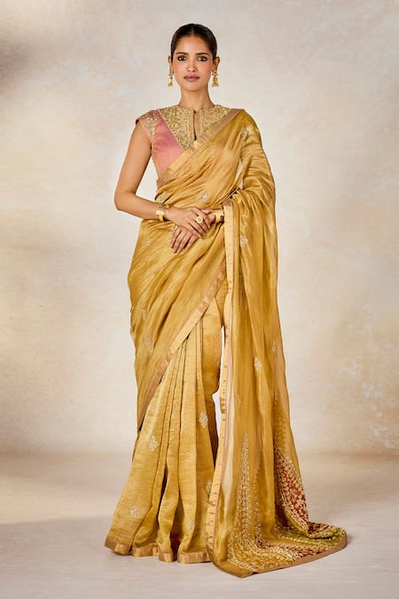 Shop_Masaba_Gold Tissue Sequins, Patchwork Collared Mysore Pak Saree With Blouse _Online_at_Aza_Fashions