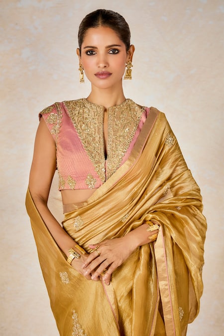 Masaba_Gold Tissue Sequins, Patchwork Collared Mysore Pak Saree With Blouse _at_Aza_Fashions