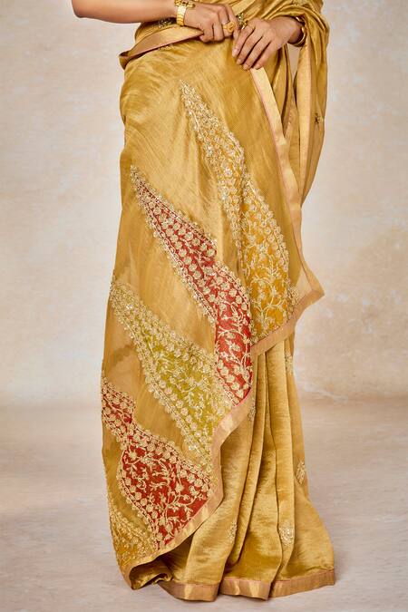 Buy_Masaba_Gold Tissue Sequins, Patchwork Collared Mysore Pak Saree With Blouse 
