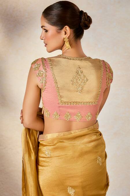 Shop_Masaba_Gold Tissue Sequins, Patchwork Collared Mysore Pak Saree With Blouse 