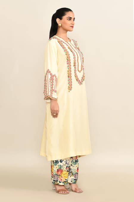 Shop_Debyani + CO_Ivory Cotton Sequins, Tassels Round Embroidered Kurta Set With Printed Pant _Online_at_Aza_Fashions