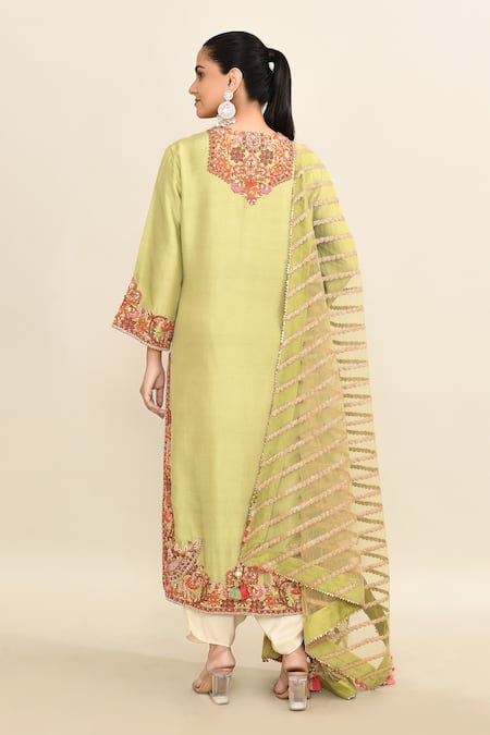 Shop_Debyani + CO_Green Cotton, Chiffon Beads Floral Embroidered Kurta Set _at_Aza_Fashions
