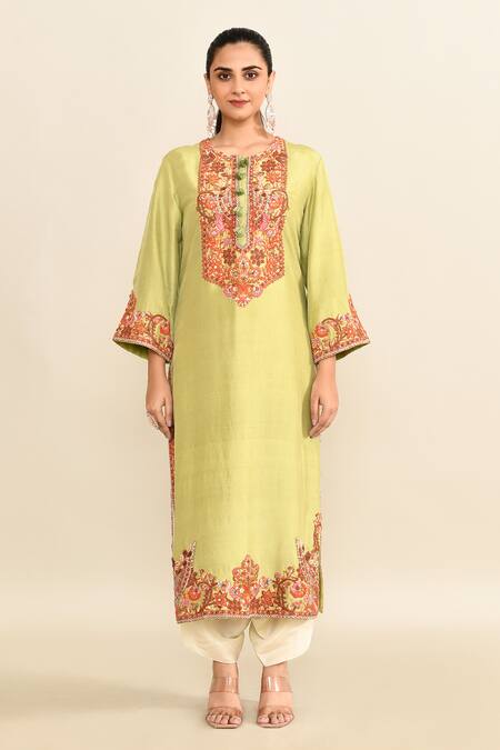 Buy_Debyani + CO_Green Cotton, Chiffon Beads Floral Embroidered Kurta Set _Online_at_Aza_Fashions