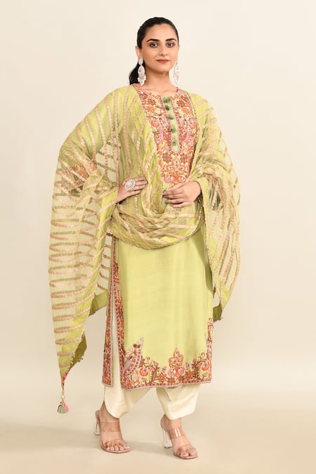 Shop_Debyani + CO_Green Cotton, Chiffon Beads Floral Embroidered Kurta Set _Online_at_Aza_Fashions