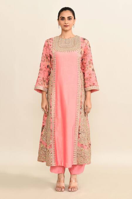 Buy_Debyani + CO_Pink Silk Embroidery, Sequins Round Neck Floral Kurta Dhoti Set _Online_at_Aza_Fashions