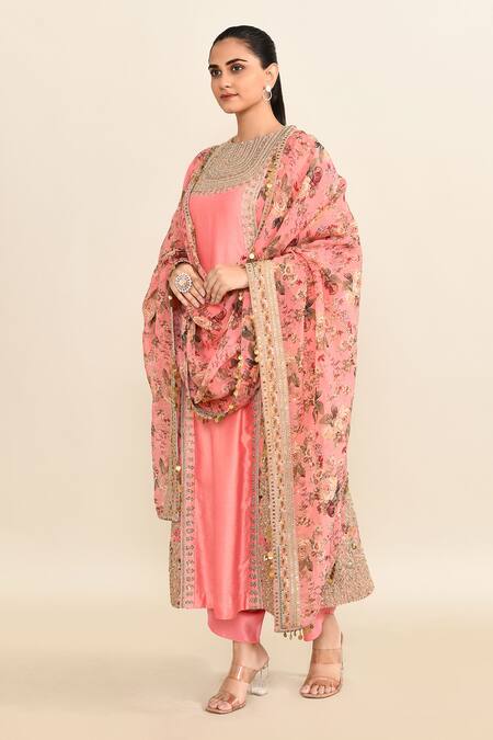 Shop_Debyani + CO_Pink Silk Embroidery, Sequins Round Neck Floral Kurta Dhoti Set _Online_at_Aza_Fashions