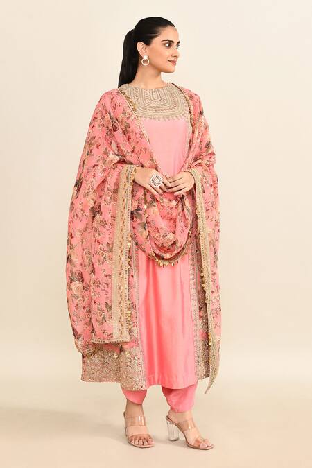Debyani + CO_Pink Silk Embroidery, Sequins Round Neck Floral Kurta Dhoti Set _at_Aza_Fashions