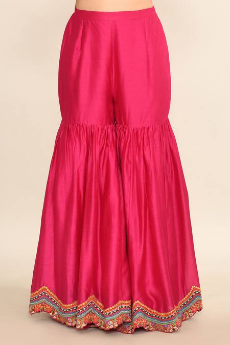 Debyani + CO_Magenta Cotton, Chiffon Sequins, Embroidery Round Neck Floral Peplum Kurta Set _Online_at_Aza_Fashions