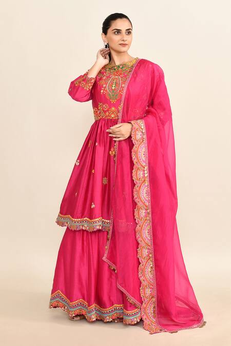 Shop_Debyani + CO_Magenta Cotton, Chiffon Sequins, Embroidery Round Neck Floral Peplum Kurta Set _Online_at_Aza_Fashions