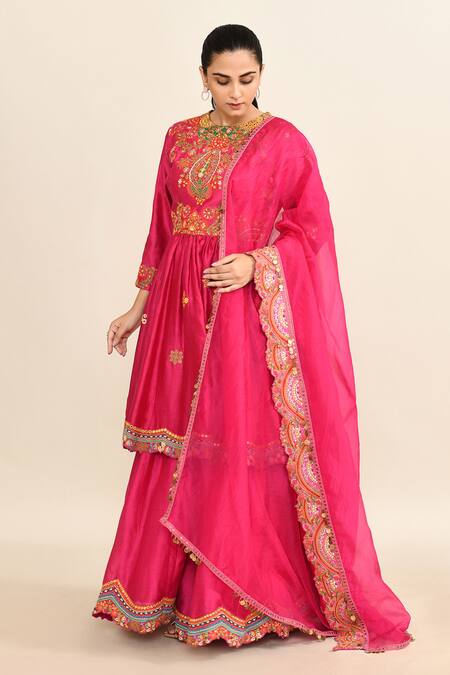 Debyani + CO_Magenta Cotton, Chiffon Sequins, Embroidery Round Neck Floral Peplum Kurta Set _at_Aza_Fashions
