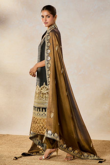 Shop Masaba Black Silk, Tissue Embroidery V-neck The Kala Khatta Kurta Salwar Set Online at Aza Fashions Shop_Masaba_Black Silk, Tissue Embroidery V-neck The Kala Khatta Kurta Salwar Set _Online_at_Aza_Fashions