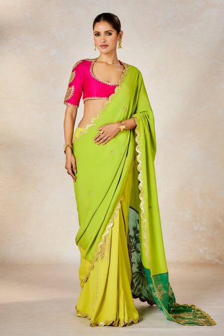 Masaba_Multi Color Silk Sequins, Beads Scoop Neck Meetha Paan Saree With Blouse _Online_at_Aza_Fashions
