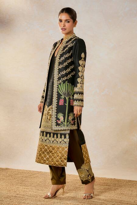 Buy_Masaba_Black Silk, Tissue Sequins, Embroidery Round The Kala Khatta Kurta And Jacket Set _Online_at_Aza_Fashions