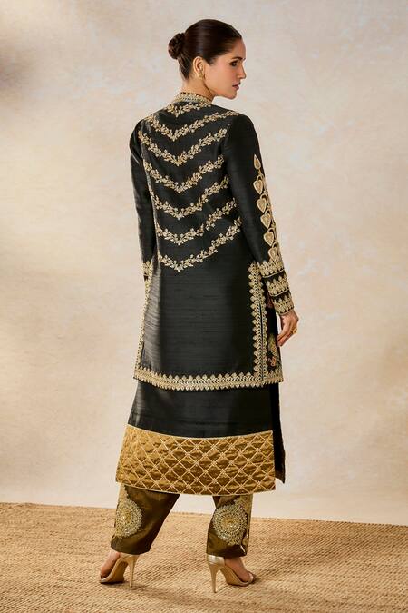 Shop_Masaba_Black Silk, Tissue Sequins, Embroidery Round The Kala Khatta Kurta And Jacket Set _Online_at_Aza_Fashions