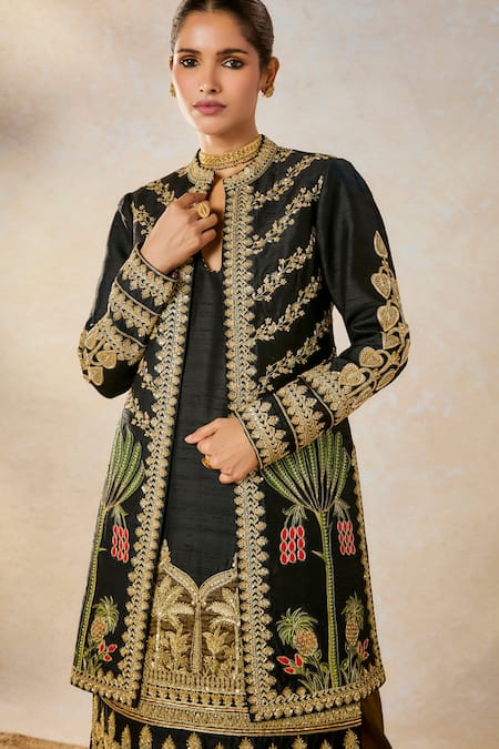 Masaba_Black Silk, Tissue Sequins, Embroidery Round The Kala Khatta Kurta And Jacket Set _at_Aza_Fashions