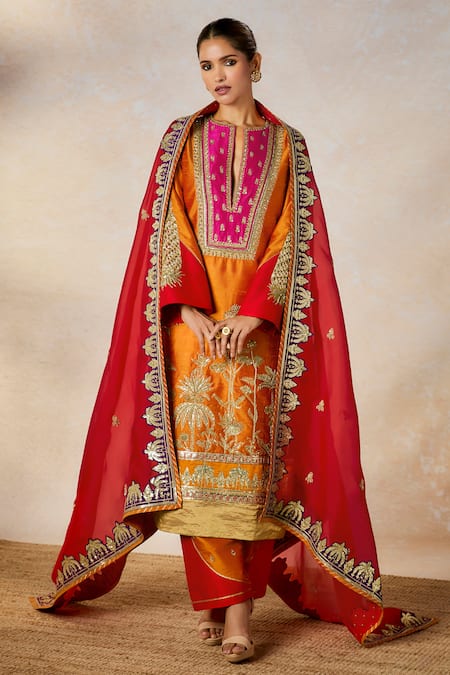 Masaba Orange Silk, Organza Sequins, Beads V-neck The Kesari Kurta And Salwar Set Online at Aza Fashions Masaba_Orange Silk, Organza Sequins, Beads V-neck The Kesari Kurta And Salwar Set _Online_at_Aza_Fashions