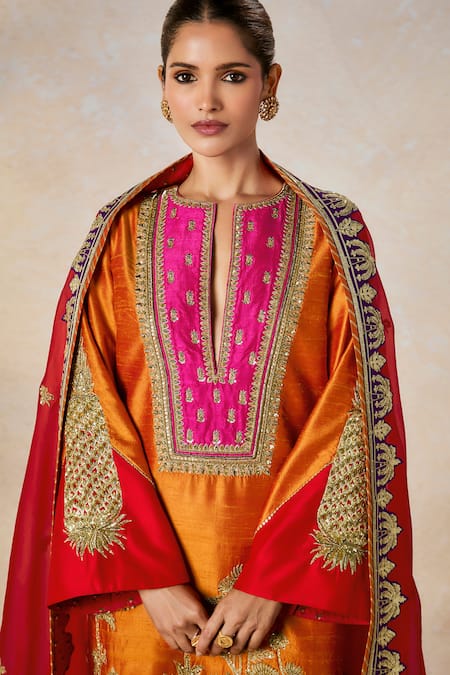 Masaba Orange Silk, Organza Sequins, Beads V-neck The Kesari Kurta And Salwar Set at Aza Fashions Masaba_Orange Silk, Organza Sequins, Beads V-neck The Kesari Kurta And Salwar Set _at_Aza_Fashions
