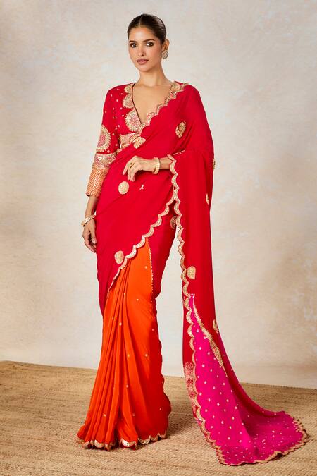 Buy Masaba Red Crepe Embroidery Plunge Neck The Gulab Sherbet Saree With Blouse Online at Aza Fashions Buy_Masaba_Red Crepe Embroidery Plunge Neck The Gulab Sherbet Saree With Blouse _Online_at_Aza_Fashions