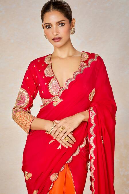 Masaba Red Crepe Embroidery Plunge Neck The Gulab Sherbet Saree With Blouse at Aza Fashions Masaba_Red Crepe Embroidery Plunge Neck The Gulab Sherbet Saree With Blouse _at_Aza_Fashions