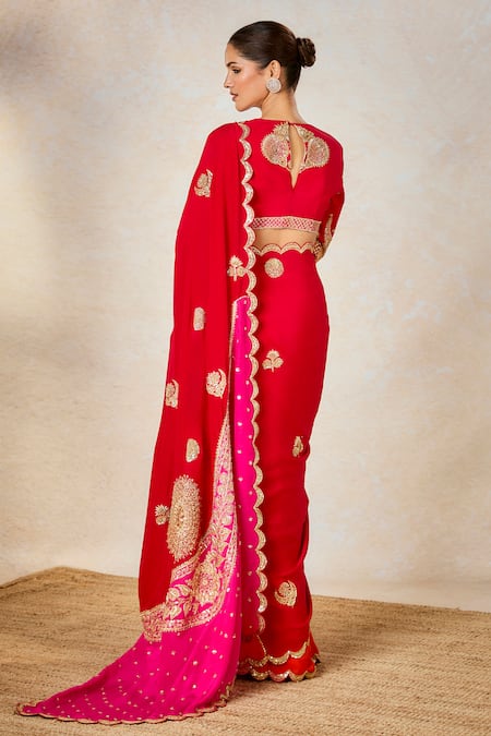 Buy Masaba Red Crepe Embroidery Plunge Neck The Gulab Sherbet Saree With Blouse Buy_Masaba_Red Crepe Embroidery Plunge Neck The Gulab Sherbet Saree With Blouse