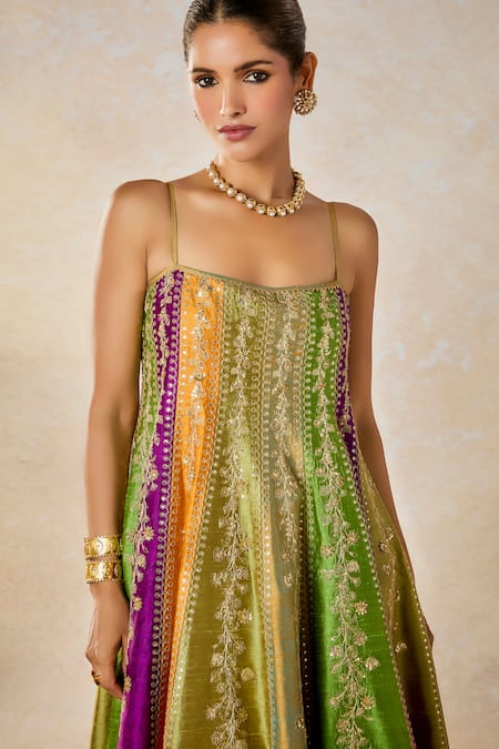 Shop_Masaba_Multi Color Silk Sequins, Embroidery Square The Paan Pista Anarkali With Salwar 