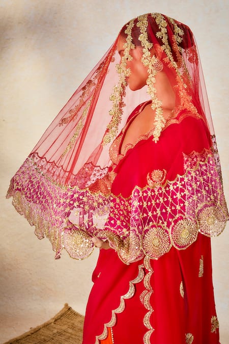 Masaba Red Crepe Embroidery, Sequins Plunge Neck The Gulab Sherbet Saree Set With Veil at Aza Fashions Masaba_Red Crepe Embroidery, Sequins Plunge Neck The Gulab Sherbet Saree Set With Veil _at_Aza_Fashions