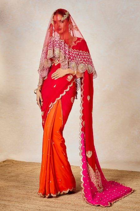 Buy Masaba Red Crepe Embroidery, Sequins Plunge Neck The Gulab Sherbet Saree Set With Veil Buy_Masaba_Red Crepe Embroidery, Sequins Plunge Neck The Gulab Sherbet Saree Set With Veil