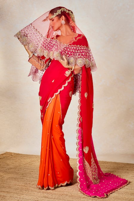 Shop Masaba Red Crepe Embroidery, Sequins Plunge Neck The Gulab Sherbet Saree Set With Veil Shop_Masaba_Red Crepe Embroidery, Sequins Plunge Neck The Gulab Sherbet Saree Set With Veil