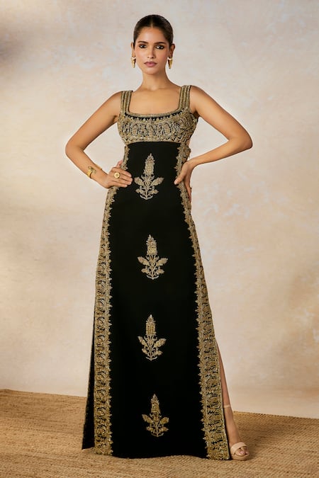 Buy_Masaba_Black Sequins, Embroidery Square Neck The Anjeer Pak Gown _Online_at_Aza_Fashions