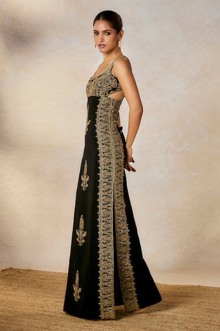 Shop_Masaba_Black Sequins, Embroidery Square Neck The Anjeer Pak Gown _Online_at_Aza_Fashions