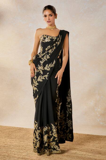 Masaba Black Modal, Silk Zari, Embroidery Scoop Sunheri Bel Stitched Saree With Corset Online at Aza Fashions Masaba_Black Modal, Silk Zari, Embroidery Scoop Sunheri Bel Stitched Saree With Corset _Online_at_Aza_Fashions