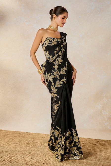 Buy Masaba Black Modal, Silk Zari, Embroidery Scoop Sunheri Bel Stitched Saree With Corset Online at Aza Fashions Buy_Masaba_Black Modal, Silk Zari, Embroidery Scoop Sunheri Bel Stitched Saree With Corset _Online_at_Aza_Fashions